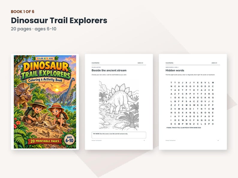 May include: A Dinosaur Trail Explorers colouring and activity book with 20 pages for ages 6-10. The cover features two children examining a fossil in a jungle setting with dinosaurs. Interior pages show a Stegosaurus line drawing and a word search puzzle.