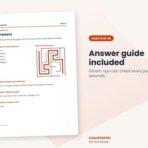 May include: A white document page titled Answers with black text and orange accents. It lists solutions for puzzles including counting shapes, a maze diagram, and matching pairs. The text includes ColorKiteKids, Ages 3-5, and Page 19 of 20.