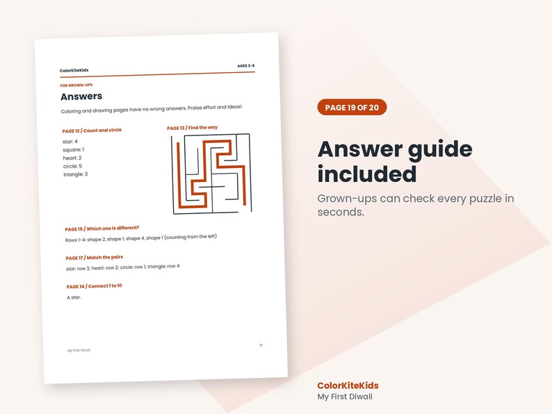 May include: A white document page titled Answers with black text and orange accents. It lists solutions for puzzles including counting shapes, a maze diagram, and matching pairs. The text includes ColorKiteKids, Ages 3-5, and Page 19 of 20.