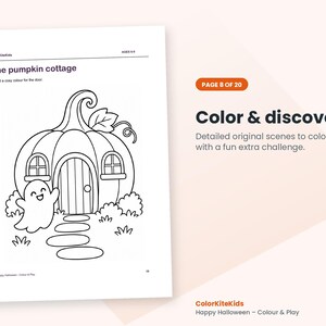 May include: A black and white coloring page titled The pumpkin cottage featuring a pumpkin-shaped house with a door, windows, and a small ghost character. The page includes text Color & discover, Page 8 of 20, and ColorKiteKids branding.
