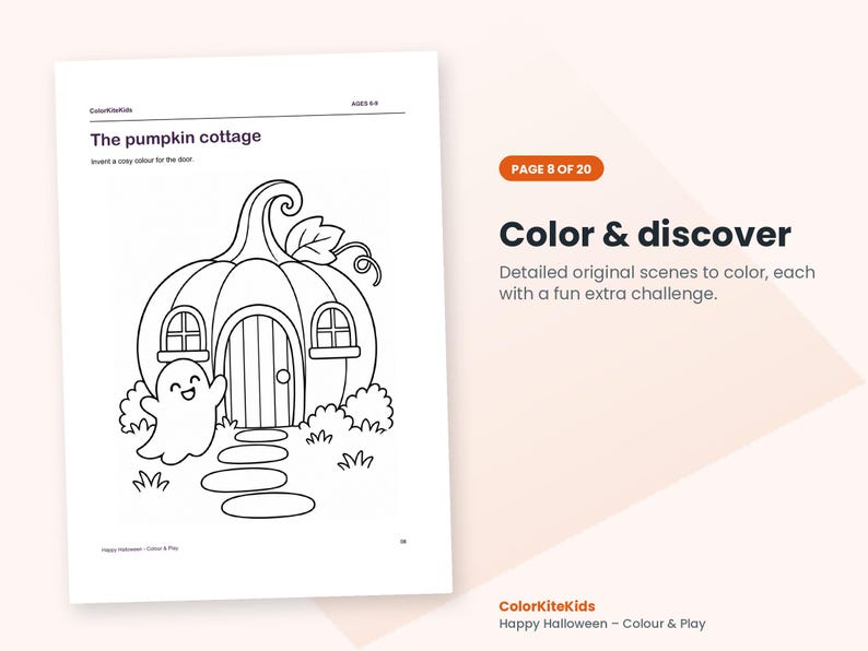 May include: A black and white coloring page titled The pumpkin cottage featuring a pumpkin-shaped house with a door, windows, and a small ghost character. The page includes text Color & discover, Page 8 of 20, and ColorKiteKids branding.