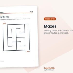 May include: A white activity page titled Find the way with a black line maze, featuring the text ColorKiteKids, AGES 3-5, MAZE | LEVEL 1, and instructions to help the little lamp find the lantern. The page includes start and finish labels.