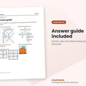 May include: A white page titled Answer guide from ColorKiteKids featuring a word hunt, crossword, connect the dots, and number grids. The text includes Page 18 of 20, Answer guide included, and Grown-ups can check every puzzle in seconds.