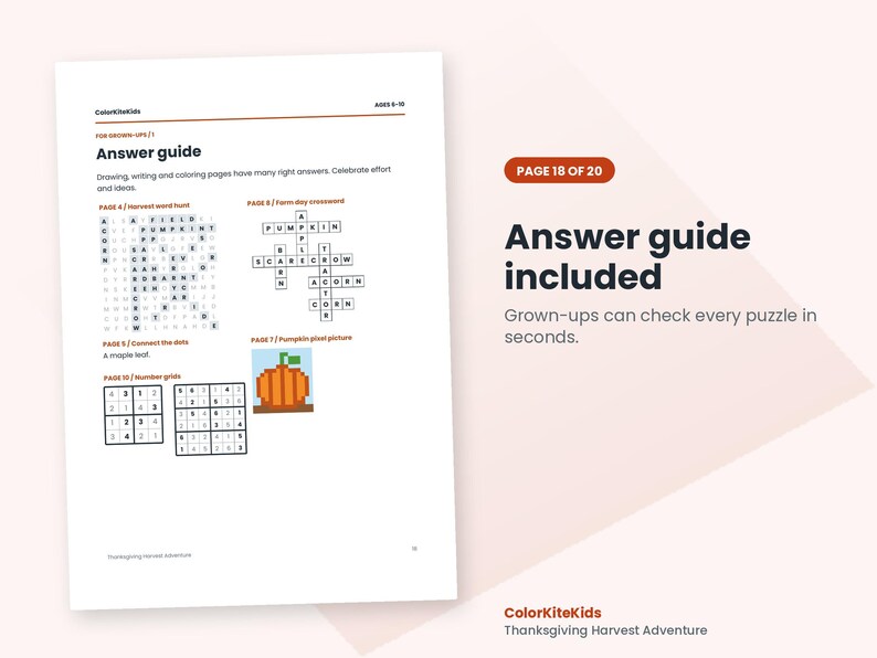 May include: A white page titled Answer guide from ColorKiteKids featuring a word hunt, crossword, connect the dots, and number grids. The text includes Page 18 of 20, Answer guide included, and Grown-ups can check every puzzle in seconds.
