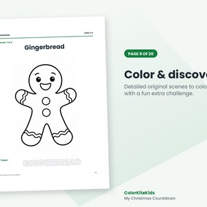 May include: A coloring page titled Gingerbread featuring a black and white line drawing of a smiling gingerbread person with two circular buttons. Below the figure, the word GINGERBREAD is written in a dotted font for tracing.
