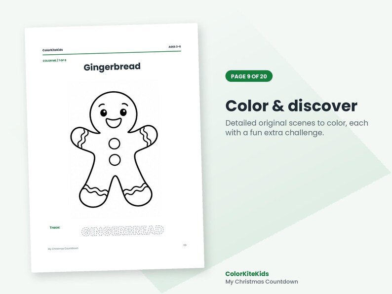May include: A coloring page titled Gingerbread featuring a black and white line drawing of a smiling gingerbread person with two circular buttons. Below the figure, the word GINGERBREAD is written in a dotted font for tracing.