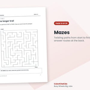 May include: A white activity page titled The longer trail with a black line maze, instructions to draw a path from START to FINISH, and a tip to go back to the last turning. The page includes the text ColorKiteKids, AGES 8-10, and page 13 of 20.