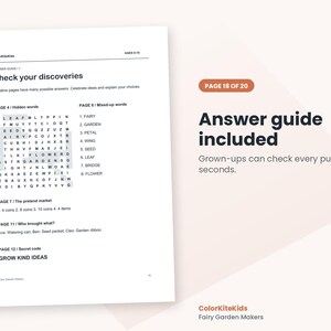 May include: A white document titled Answer guide with the heading Check your discoveries. It lists solutions for puzzles on pages 4, 7, 8, 11, and 12, including a word search grid and text answers. The page is labeled Page 18 of 20.