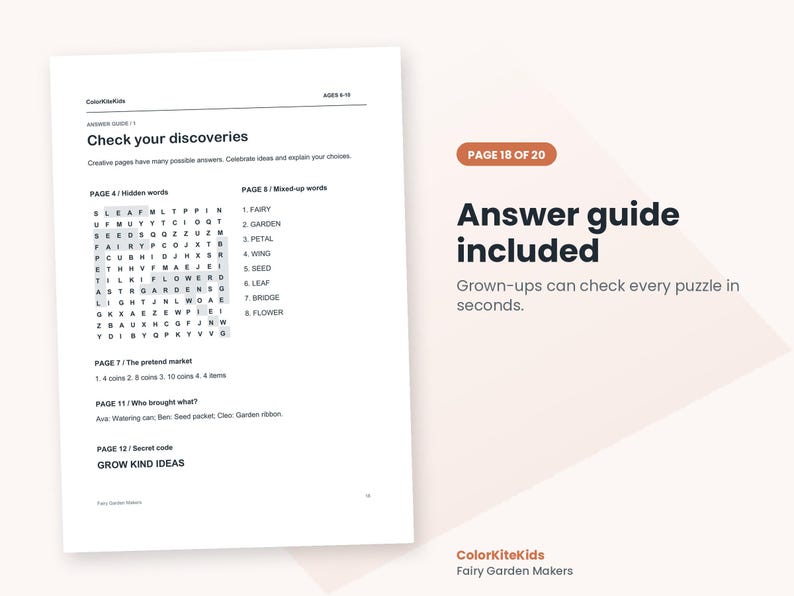 May include: A white document titled Answer guide with the heading Check your discoveries. It lists solutions for puzzles on pages 4, 7, 8, 11, and 12, including a word search grid and text answers. The page is labeled Page 18 of 20.