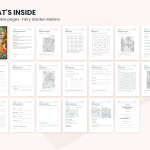 May include: A set of 20 printable activity pages titled Fairy Garden Makers, featuring a cover page with colorful fairy illustrations, followed by black and white worksheets including mazes, word searches, writing prompts, and coloring scenes.