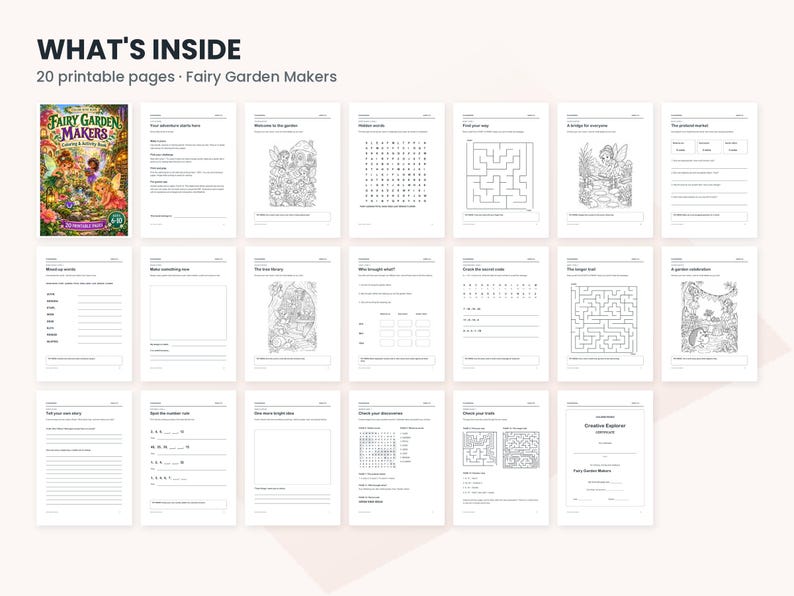 May include: A set of 20 printable activity pages titled Fairy Garden Makers, featuring a cover page with colorful fairy illustrations, followed by black and white worksheets including mazes, word searches, writing prompts, and coloring scenes.