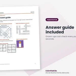 May include: A white document page titled Answer guide with black text and graphics. It displays a word hunt, crossword, connect the dots, and number grids. The text includes ColorKiteKids, Ages 6-10, and For Grown-ups. A purple badge says Page 18 of 20.