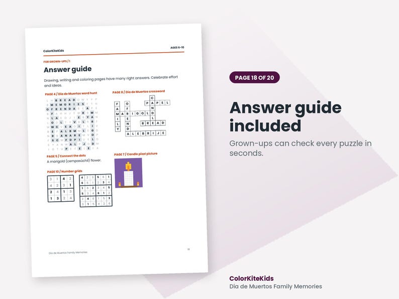 May include: A white document page titled Answer guide with black text and graphics. It displays a word hunt, crossword, connect the dots, and number grids. The text includes ColorKiteKids, Ages 6-10, and For Grown-ups. A purple badge says Page 18 of 20.