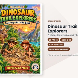 May include: Dinosaur Trail Explorers coloring and activity book featuring two children in safari gear examining a fossil in a jungle setting with dinosaurs, a waterfall, and a sunset. The cover includes the text Dinosaur Trail Explorers.