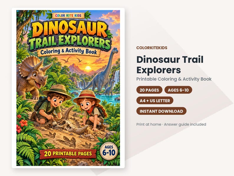 May include: Dinosaur Trail Explorers coloring and activity book featuring two children in safari gear examining a fossil in a jungle setting with dinosaurs, a waterfall, and a sunset. The cover includes the text Dinosaur Trail Explorers.