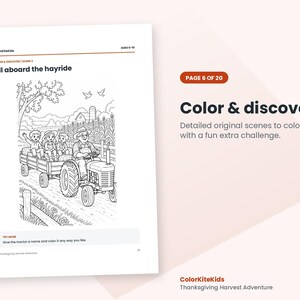 May include: A black and white coloring page titled All aboard the hayride featuring a tractor pulling a wagon with three children and a driver. The page includes the text ColorKiteKids, Ages 6-10, and a prompt to name and color the tractor.