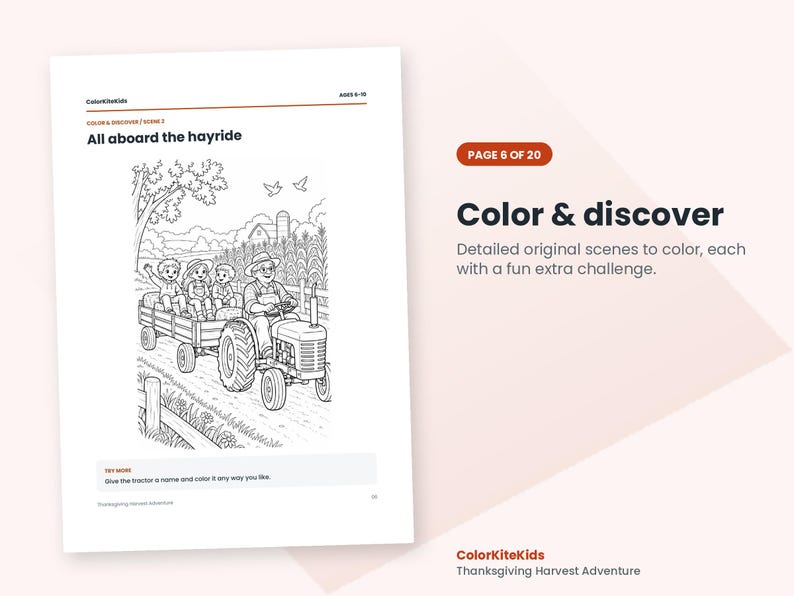 May include: A black and white coloring page titled All aboard the hayride featuring a tractor pulling a wagon with three children and a driver. The page includes the text ColorKiteKids, Ages 6-10, and a prompt to name and color the tractor.