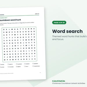 May include: A white activity sheet titled Countdown word hunt with a grid of letters for a word search puzzle. Below the grid are checkboxes for words including Advent, Wreath, Calendar, Candles, Kindness, Cocoa, Stocking, Ribbon, Holly, and Countdown.