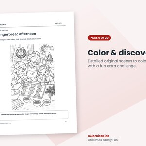 May include: A black and white coloring page titled Gingerbread afternoon featuring an adult and two children baking cookies. The page includes the text Color & discover, Page 6 of 20, and a prompt to design a new cookie shape.
