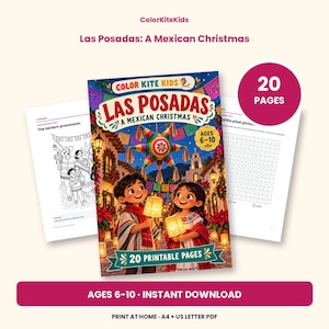 Może przedstawiać: 20-stronicowa kolorowanka do druku zatytułowana Las Posadas: A Mexican Christmas od ColorKiteKids. Okładka przedstawia dwoje dzieci trzymających lampiony pod kolorową gwiazdą-piniatą. Zawiera strony z zadaniami dla dzieci w wieku 6-10 lat.