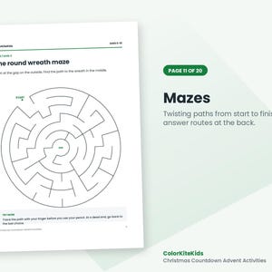 May include: A printable activity sheet titled The round wreath maze from ColorKiteKids. The page features a circular maze with a start and end point, instructions for ages 6-10, and a tip to trace the path with a finger before using a pencil.