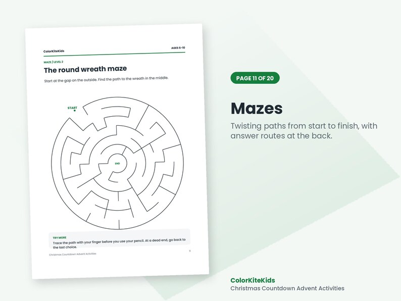 May include: A printable activity sheet titled The round wreath maze from ColorKiteKids. The page features a circular maze with a start and end point, instructions for ages 6-10, and a tip to trace the path with a finger before using a pencil.
