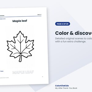 K&ouml;nnte beinhalten: Eine wei&szlig;e Malvorlage mit dem Titel Maple leaf, die einen schwarzen Umriss eines Ahornblatts und den Text Trace: MAPLE LEAF zeigt. Die Seite enth&auml;lt den Text ColorKiteKids, AGES 3-5, COLOR ME / 2 OF 6, PAGE 4 OF 20, Color & discover und My Little Thank-You Book.