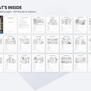 May include: A digital educational activity set titled WHAT'S INSIDE featuring 24 printable pages and 100 Words to Explore. The collection includes a cover page, various black and white colouring sheets with thematic illustrations, vocabulary lists, and a certificate of achievement.