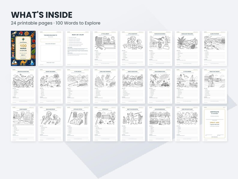 May include: A digital educational activity set titled WHAT'S INSIDE featuring 24 printable pages and 100 Words to Explore. The collection includes a cover page, various black and white colouring sheets with thematic illustrations, vocabulary lists, and a certificate of achievement.