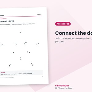 May include: A white activity sheet titled Connect 1 to 10 with black dots numbered 1 through 10 arranged in a star shape. The page includes instructions to join the numbers, a try more section, and the text ColorKiteKids, Ages 3-5, and Page 14 of 20.