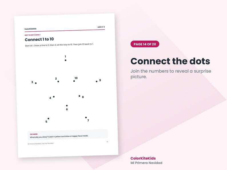 May include: A white activity sheet titled Connect 1 to 10 with black dots numbered 1 through 10 arranged in a star shape. The page includes instructions to join the numbers, a try more section, and the text ColorKiteKids, Ages 3-5, and Page 14 of 20.