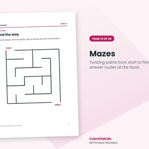 May include: A white activity page titled Find the way with a black line maze for children ages 3-6. The page includes instructions to help the donkey reach the pi&ntilde;ata, with start and finish labels. The text ColorKiteKids appears at the top.