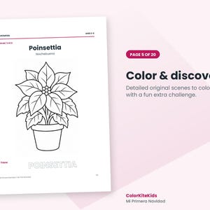 May include: A coloring page titled Poinsettia Nochebuena featuring a black and white line drawing of a potted poinsettia plant. The page includes the text Color & discover, Page 5 of 20, ColorKiteKids, and a dotted word Poinsettia to trace.