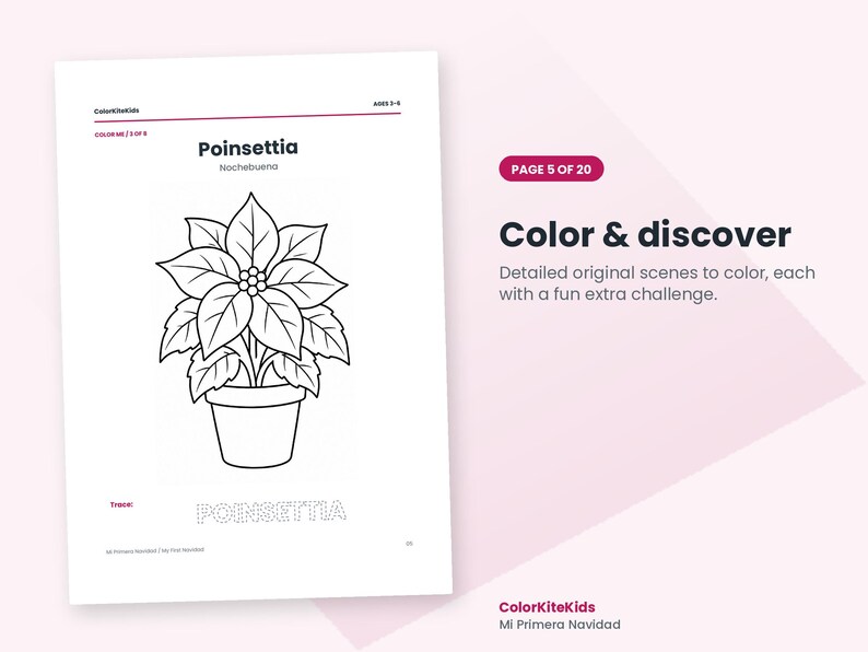 May include: A coloring page titled Poinsettia Nochebuena featuring a black and white line drawing of a potted poinsettia plant. The page includes the text Color & discover, Page 5 of 20, ColorKiteKids, and a dotted word Poinsettia to trace.