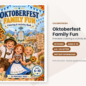 Pode incluir: Livro de colorir e atividades Oktoberfest Family Fun com tr&ecirc;s crian&ccedil;as em trajes tradicionais numa feira. A capa mostra um pretzel, uma bolacha em forma de cora&ccedil;&atilde;o com o texto Alles Gut e uma roda gigante. Inclui 20 p&aacute;ginas, formatos A4 e US Letter.