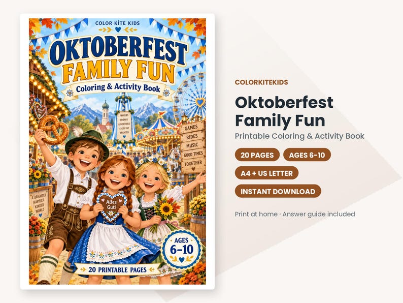 Pode incluir: Livro de colorir e atividades Oktoberfest Family Fun com tr&ecirc;s crian&ccedil;as em trajes tradicionais numa feira. A capa mostra um pretzel, uma bolacha em forma de cora&ccedil;&atilde;o com o texto Alles Gut e uma roda gigante. Inclui 20 p&aacute;ginas, formatos A4 e US Letter.