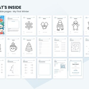 May include: A digital collection titled My First Winter featuring 20 printable coloring pages. The set includes black and white line art illustrations of a snowflake, mittens, a hat, a penguin, a polar bear, an owl, cocoa, and a tree.