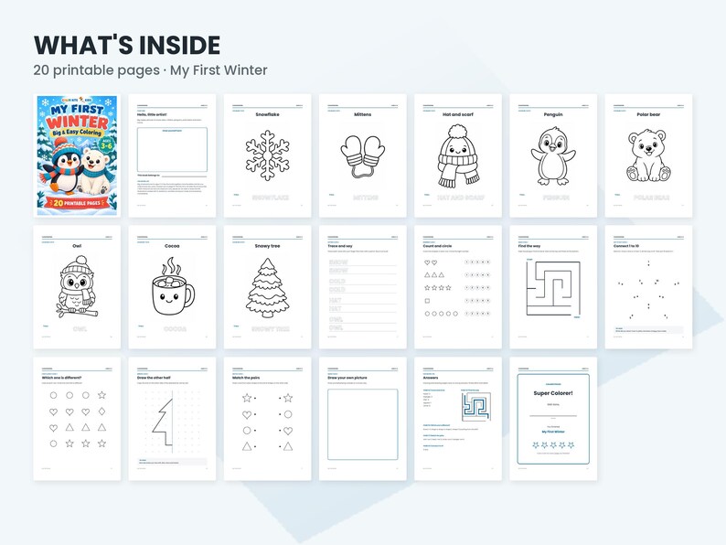 May include: A digital collection titled My First Winter featuring 20 printable coloring pages. The set includes black and white line art illustrations of a snowflake, mittens, a hat, a penguin, a polar bear, an owl, cocoa, and a tree.