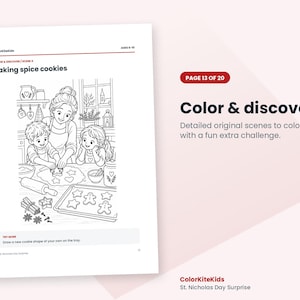 May include: A black and white coloring page titled Baking spice cookies featuring an adult and two children in a kitchen. The scene includes a rolling pin, cookie dough, and a tray of shaped cookies. Text includes ColorKiteKids and Try more.
