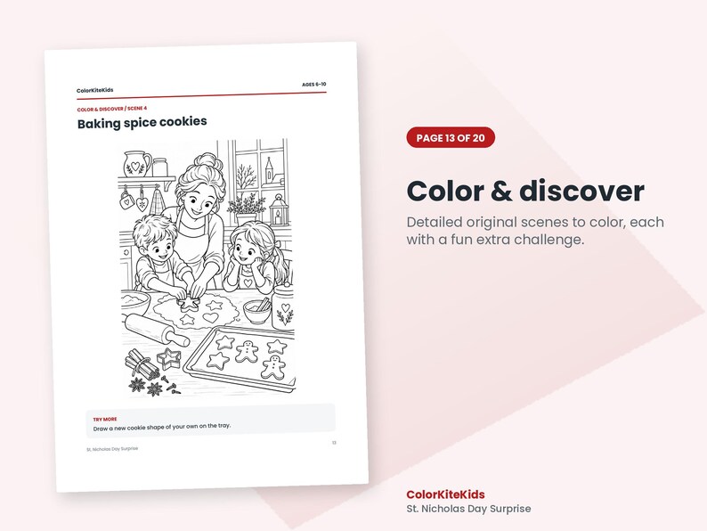May include: A black and white coloring page titled Baking spice cookies featuring an adult and two children in a kitchen. The scene includes a rolling pin, cookie dough, and a tray of shaped cookies. Text includes ColorKiteKids and Try more.