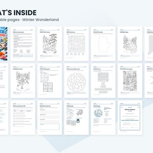 May include: A digital collection titled WHAT'S INSIDE 20 printable pages Winter Wonderland, featuring a cover page with a fox and owl, followed by nineteen black and white activity sheets including word searches, mazes, and coloring pages.