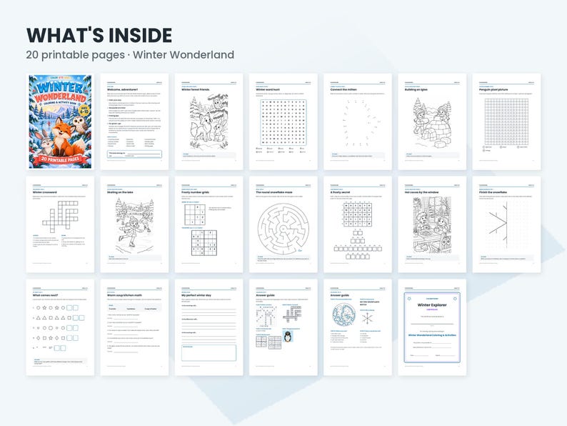 May include: A digital collection titled WHAT'S INSIDE 20 printable pages Winter Wonderland, featuring a cover page with a fox and owl, followed by nineteen black and white activity sheets including word searches, mazes, and coloring pages.