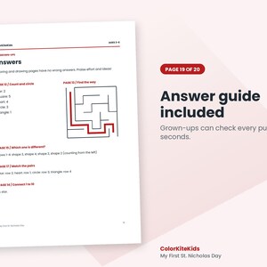 May include: A white document page titled Answers with text including ColorKiteKids, Ages 3-6, and Page 19 of 20. It lists solutions for counting shapes, a maze with a red path, finding differences, matching pairs, and connecting numbers 1 to 10.