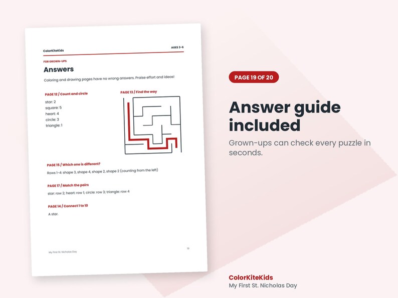 May include: A white document page titled Answers with text including ColorKiteKids, Ages 3-6, and Page 19 of 20. It lists solutions for counting shapes, a maze with a red path, finding differences, matching pairs, and connecting numbers 1 to 10.