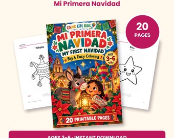 Peut inclure: Un livre de coloriage numérique intitulé Mi Primera Navidad My First Navidad pour les 3-6 ans, comprenant 20 pages imprimables. La couverture montre un âne et un enfant avec une lanterne, une piñata et des poinsettias.
