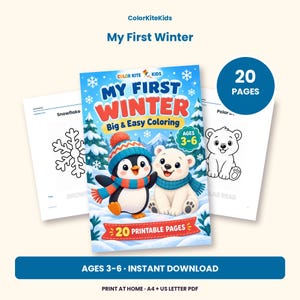 May include: A digital coloring book titled My First Winter by ColorKiteKids featuring a penguin and polar bear on the cover. The book includes 20 printable pages for ages 3-6, with sample pages showing a snowflake and a polar bear illustration.