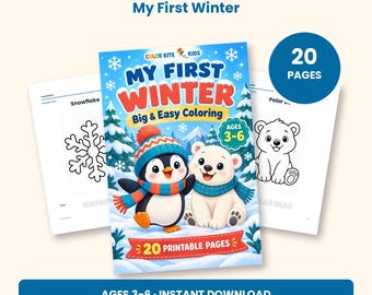 Peut inclure: Un livre de coloriage numérique intitulé My First Winter par ColorKiteKids avec un pingouin et un ours polaire sur la couverture. Le livre comprend 20 pages imprimables pour les 3-6 ans, avec des exemples montrant un flocon et un ours.