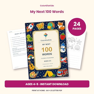 Pode incluir: Um livro digital de colorir e tra&ccedil;ar de 24 p&aacute;ginas intitulado My Next 100 Words para crian&ccedil;as de 4 a 5 anos. A capa apresenta um fundo azul escuro com ilustra&ccedil;&otilde;es coloridas de um foguete, borboleta, mochila, raposa, trator, arco-&iacute;ris, guitarra, paleta, tenda e caminh&atilde;o de bombeiros.