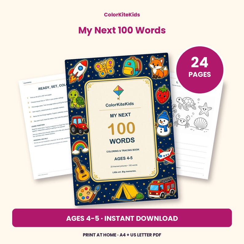 Pode incluir: Um livro digital de colorir e tra&ccedil;ar de 24 p&aacute;ginas intitulado My Next 100 Words para crian&ccedil;as de 4 a 5 anos. A capa apresenta um fundo azul escuro com ilustra&ccedil;&otilde;es coloridas de um foguete, borboleta, mochila, raposa, trator, arco-&iacute;ris, guitarra, paleta, tenda e caminh&atilde;o de bombeiros.