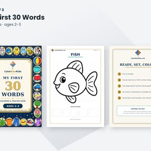 K&ouml;nnte beinhalten: Ein digitales Mal- und Nachmalbuch mit dem Titel My First 30 Words f&uuml;r 2- bis 3-J&auml;hrige. Das Cover hat einen dunkelblauen Rand mit bunten Symbolen von Tieren, Fr&uuml;chten und Objekten. Die Innenseiten zeigen einen Fisch und Anleitungen.